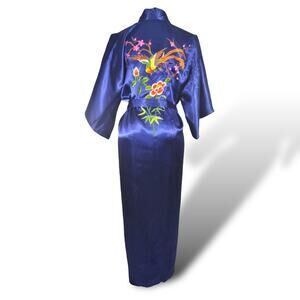 Vintage Kimono Blue Satin Embroidered Boho Floral Bird Swim Cover Gown Robe S